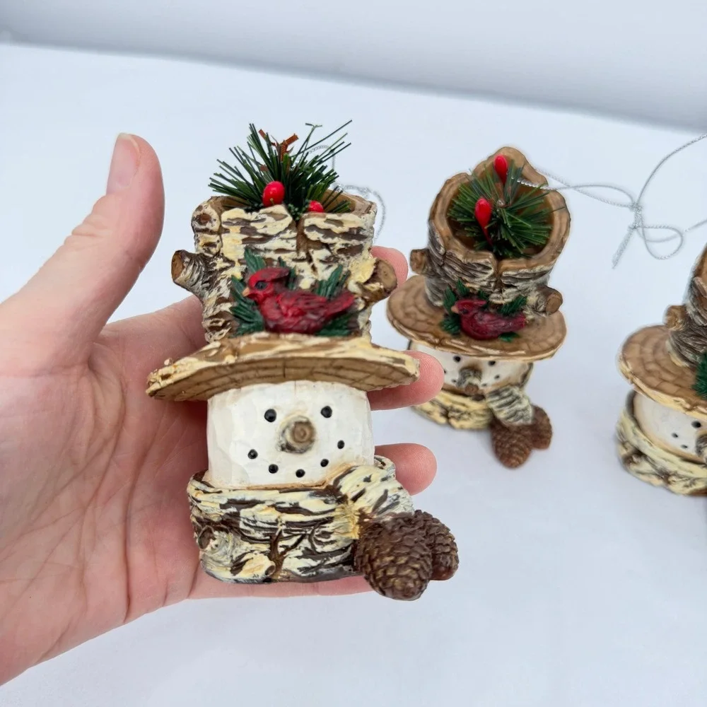 Snowman Christmas Holiday Ornaments Birch Bark‎ Cardinal Pinecone Rustic 3pc Set